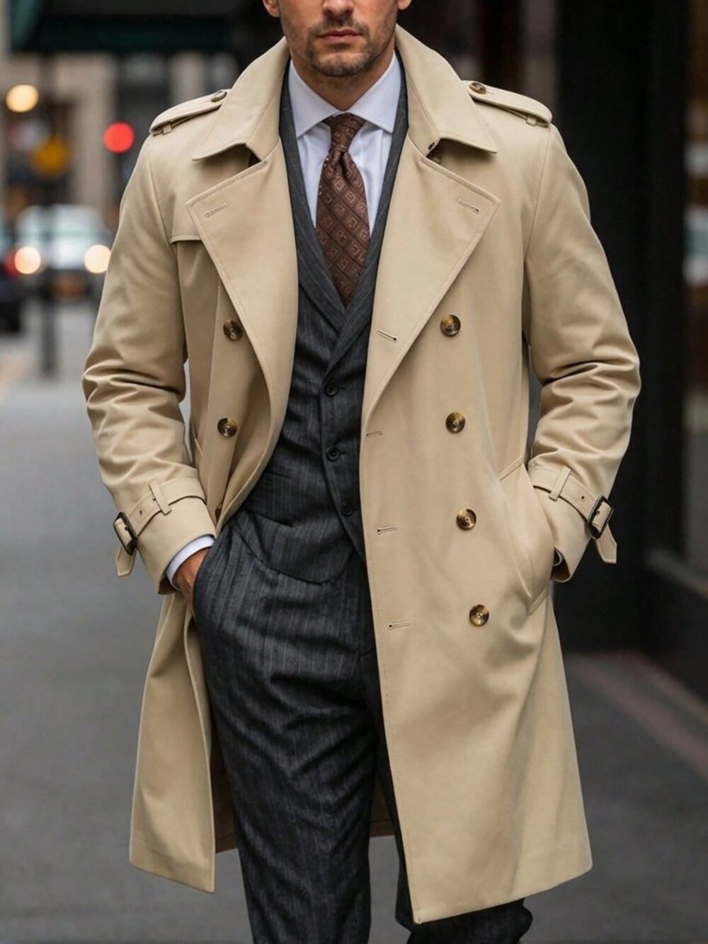 Khaki Business Commuting Men's Casual Loose Fit Trench Coat